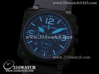 柏莱士Bell & Ross-46MM BR01系列 黑色PVD表壳 黑面蓝色字表盘 六针计时7750机芯 B高仿1:1 Noob版本 BR0033