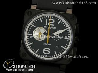 柏莱士Bell & Ross-42MM BR03系列 黑色PVD表壳 橙色大秒针 五针计时 瑞士石英机芯 高仿1:1柏莱士手表 BR0013