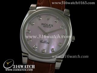 劳力士ROLEX-切利尼系列 粉红色珍珠母表盘 棕色皮表带 瑞士石英机芯 高仿劳力士手表 RL0017