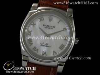 劳力士ROLEX-切利尼系列 银面珍珠母表盘 棕色皮表带 瑞士石英机芯 高仿劳力士手表 RL0018