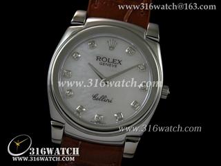 劳力士ROLEX-切利尼系列 白色珍珠母表盘 棕色皮表带 瑞士石英机芯 高仿劳力士手表 RL0019
