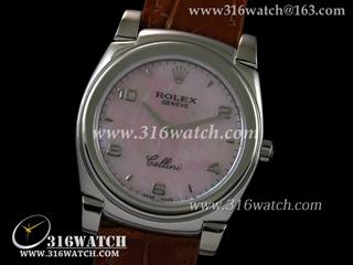 劳力士ROLEX-切利尼系列 粉红色珍珠母表盘 棕色皮表带 瑞士石英机芯 高仿劳力士手表 RL0020