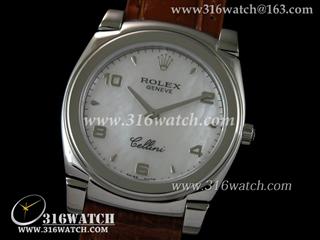 劳力士ROLEX-切利尼系列 白色珍珠母表盘 棕色皮表带 瑞士石英机芯 高仿劳力士手表 RL0021