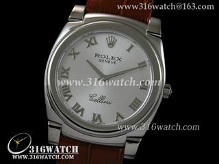 劳力士ROLEX-切利尼系列 银色罗马表盘 棕色皮表带 瑞士石英机芯 高仿劳力士手表 RL0022