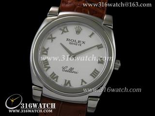 劳力士ROLEX-切利尼系列 白面罗马表盘 棕色皮表带 瑞士石英机芯 高仿劳力士手表 RL0024