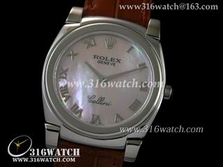劳力士ROLEX-切利尼系列 粉红色珍珠母表盘 棕色皮表带 瑞士石英机芯 高仿劳力士手表 RL0025