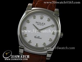劳力士ROLEX-切利尼系列 白面镶钻表盘 棕色皮表带 瑞士石英机芯 高仿劳力士手表 RL0026