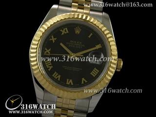 劳力士ROLEX-日志型大号41mm系列 18 k镀金槽牙边框 黑面罗马表盘 瑞士ETA-2836机芯 完美复制1:1N版本 RL0049