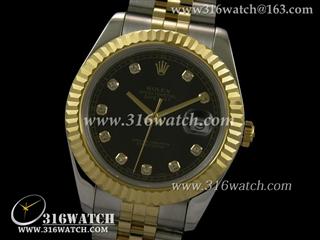 劳力士ROLEX-日志型大号41mm系列 18 k镀金槽牙边框 黑面镶钻表盘 瑞士ETA-2836机芯 完美复制1:1N版本 RL0052