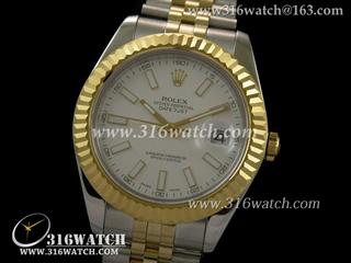 劳力士ROLEX-日志型大号41mm系列 18 k镀金槽牙边框 白面条丁表盘 瑞士ETA-2836机芯 高仿劳力士复制1:1N版本 RL0054