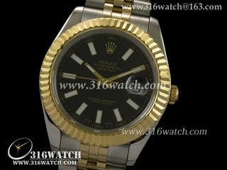 劳力士ROLEX-日志型大号41mm系列 18 k镀金槽牙边框 黑面条丁表盘 瑞士ETA-2836机芯 高仿劳力士复制1:1N版本 RL0055