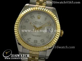 劳力士ROLEX-日志型大号41mm系列 18 k镀金槽牙边框 白面数字表盘 瑞士ETA-2836机芯 高仿劳力士复制1:1N版本 RL0057