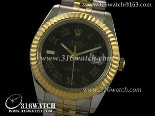 劳力士ROLEX-日志型大号41mm系列 18 k镀金槽牙边框 黑面罗马表盘 瑞士ETA-2836机芯 高仿劳力士复制1:1N版本 RL0059