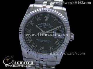 劳力士ROLEX-日志型37mm系列 槽牙边框 黑面罗马表盘 瑞士ETA-2836机芯 高仿1:1劳力士手表 RL0062