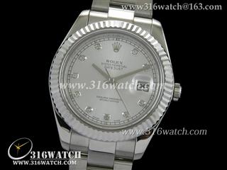 劳力士ROLEX-日志型大号41mm系列 槽牙边框 银色面镶钻表盘 瑞士3135机芯 高仿劳力士1:1 N版本 RL0039