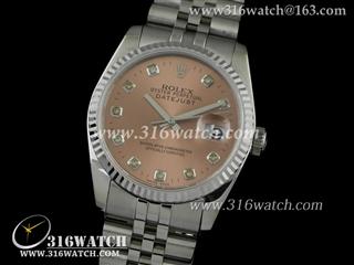 劳力士ROLEX-日志型37mm系列 槽牙边框 粉红色镶钻表盘 瑞士ETA-2836机芯 高仿1:1劳力士手表 RL0090