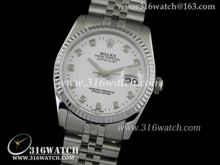 劳力士ROLEX-日志型37mm系列 槽牙边框 白色镶钻表盘 瑞士ETA-2836机芯 高仿1:1劳力士手表 RL0091