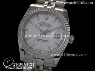 劳力士ROLEX-日志型37mm系列 槽牙边框 白面条丁表盘 瑞士ETA-2836机芯 高仿1:1劳力士手表 RL0073