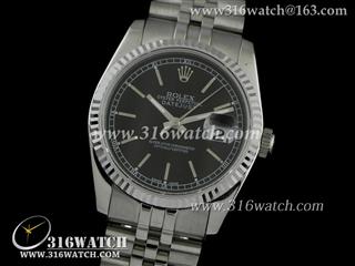 劳力士ROLEX-日志型37mm系列 槽牙边框 黑面条钉表盘 瑞士ETA-2836机芯 高仿1:1劳力士手表 RL0084