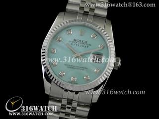 劳力士ROLEX-日志型37mm系列 槽牙边框 天蓝色镶钻表盘 瑞士ETA-2836机芯 高仿1:1劳力士手表 RL0087