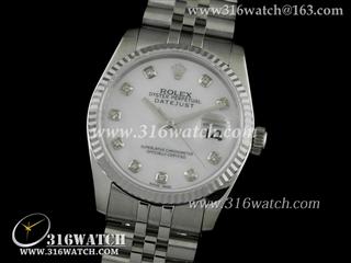 劳力士ROLEX-日志型37mm系列 槽牙边框 白色镶钻表盘 瑞士ETA-2836机芯 高仿1:1劳力士手表 RL0088