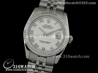 劳力士ROLEX-日志型37mm系列 槽牙边框 白色罗马表盘 瑞士ETA－2836机芯 高仿1:1劳力士手表 RL0104