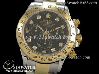劳力士ROLEX-迪通拿系列 18 k镀金边框 黑面镶钻表盘 不锈钢镀间金表链 计时7750机芯 完美1:1复制Noob版 RL0117