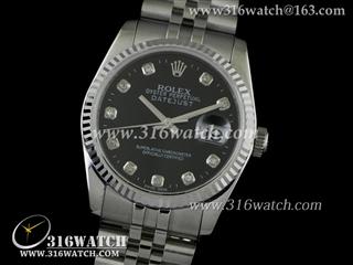 劳力士ROLEX-日志型37mm系列 槽牙边框 黑面镶钻表盘 瑞士ETA-2836机芯 高仿1:1劳力士手表 RL0092