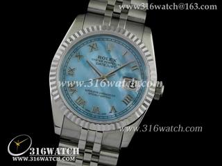 劳力士ROLEX-日志型37mm系列 槽牙边框 蓝色贝壳表盘 瑞士ETA－2836机芯 高仿1:1劳力士手表 RL0097