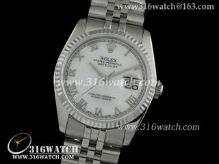 劳力士ROLEX-日志型37mm系列 槽牙边框 白面罗马表盘 瑞士ETA-2836机芯 高仿1:1劳力士手表 RL0099