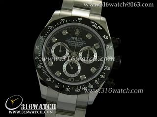 劳力士ROLEX-迪通拿系列 黑色PVD边框 黑色镶钻表盘 精钢表链 计时7750机芯 复制1:1劳力士手表 RL0155