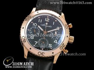 高仿超A 宝玑BREGUET-TYPE XX系列 18 k玫瑰金电镀表壳 黑色表盘 黑色皮带 计时7750机芯 BG0006