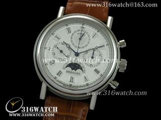 高仿宝玑Breguet-CLASSIQUE系列 计时月相 白色表盘 棕色皮表带 海欧计时机芯 BG0030