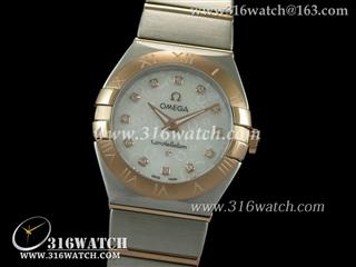 欧米茄Omega-星座系列 18 k玫瑰间金电镀表壳 白色表盘 女士瑞士石英表 高仿1:1欧米茄手表 OMG0030