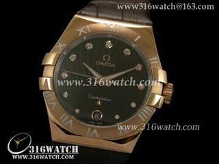 欧米茄Omega-星座系列 18 k玫瑰金电镀表壳 棕色表盘 棕色皮表带 中性瑞士石英表 高仿1:1欧米茄手表 OMG0040