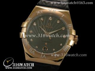 欧米茄Omega-星座系列 18 k玫瑰金电镀表壳 灰色镶钻表盘 黑色皮表带 中性瑞士石英表 OMG0041