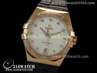 欧米茄Omega-星座系列 18 k玫瑰金电镀表壳 白色镶钻表盘 黑色皮表带 中性瑞士石英表 OMG0042