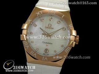 欧米茄Omega-星座系列 18 k玫瑰金电镀表壳 白面贝壳镶钻表盘 白色皮表带 中性瑞士石英表 OMG0043
