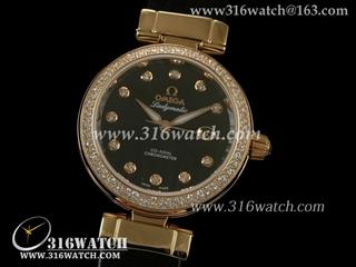 高仿欧米茄Omega-碟飞系列 18 k玫瑰镀金 镶钻边框 黑珊瑚表盘 黑色皮带 瑞士ETA-2671机芯 完美1:1复制品 OMG0069