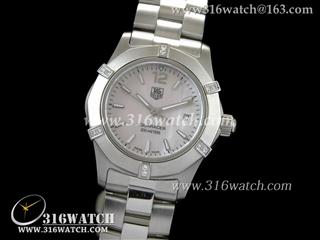 豪雅TAGHeuer 竞潜系列 镶钻表框 贝壳粉红色表盘 精钢表链 高仿女士瑞士石英表 TAG0025