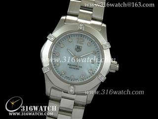 豪雅TAGHeuer-竞潜AQUARACER 系列 镶钻表框 淡蓝色贝壳表盘 精钢表链高仿女士瑞士石英表 TAG0028