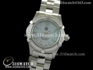 豪雅TAGHeuer 竞潜系列 全镶钻表框 淡蓝色贝壳表盘 精钢表链 高仿女士瑞士石英表 TAG0031