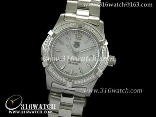 豪雅TAGHeuer 竞潜系列 全镶钻表框 白面贝壳表盘 精钢表链 高仿女士瑞士石英表 TAG0032