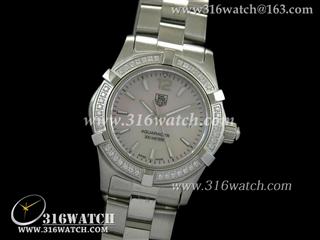 豪雅TAGHeuer 竞潜系列 全镶钻表框 粉红色面贝壳表盘 精钢表链 高仿女士瑞士石英表 TAG0033