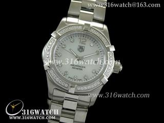 豪雅TAGHeuer 竞潜系列 全镶钻表框 白色贝壳表盘 精钢表链 高仿女士瑞士石英表 TAG0037
