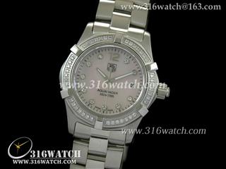 豪雅TAGHeuer 竞潜系列 全镶钻表框 粉红色贝壳表盘 精钢表链 高仿女士瑞士石英表 TAG0038