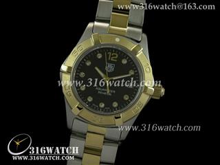豪雅TAGHeuer 竞潜系列 18 k镀金表框 黑面镶钻表盘 高仿女士瑞士石英表 TAG0044