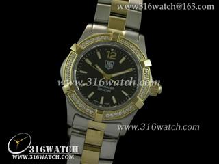 豪雅TAGHeuer 竞潜系列 18 k镀金满镶钻表框 黑色表盘 高仿女士瑞士石英表 TAG0059