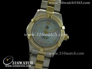 豪雅TAGHeuer 竞潜系列 18 k镀金满镶钻表框 淡蓝色贝壳面 高仿女士瑞士石英表 TAG0066