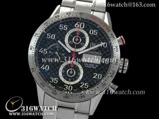 豪雅TAGHeuer 卡来拉系列 星期日历 黑色碳纤维表盘 精钢表带 亚洲7750 机芯 高仿豪雅完美1:1版本 TAG0102